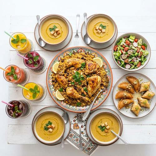 Chicken Kabsa Family Meal (Chicken Kabsa, 4 Palestine Drinks, 4 Lentil Soup, Salad, Qatayef or Baklava)