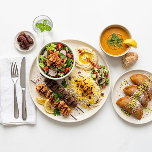 Individual Iftar Plate (Kebabs, Rice, Salad, Soup & Qatayef) 